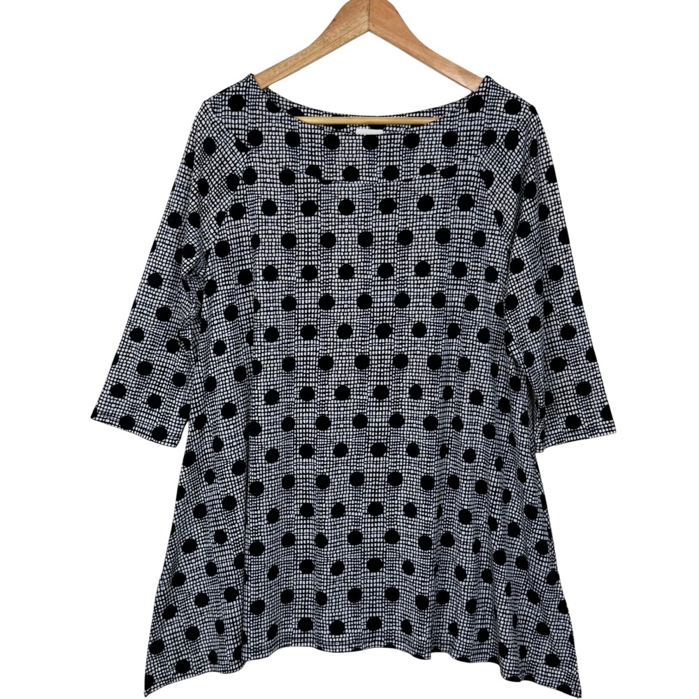 Chicos Polka Dot Tunic Womens 1 Black White‎ 3/4 Sleeve Top A-Line Stretch Chic